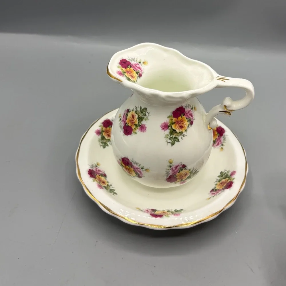 Raesuedic Ceramics Fine Bone China Floral Rose Creamer Pitcher Saucer England